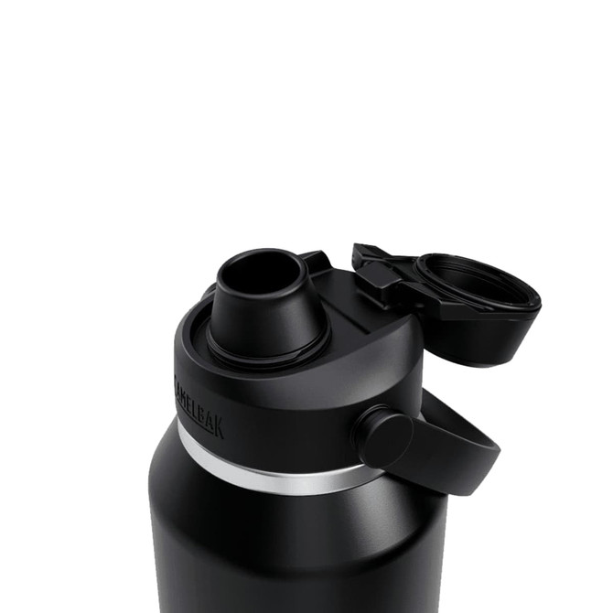 A drink bottle in black with a twist cap and a spout, featuring a logo on the side.