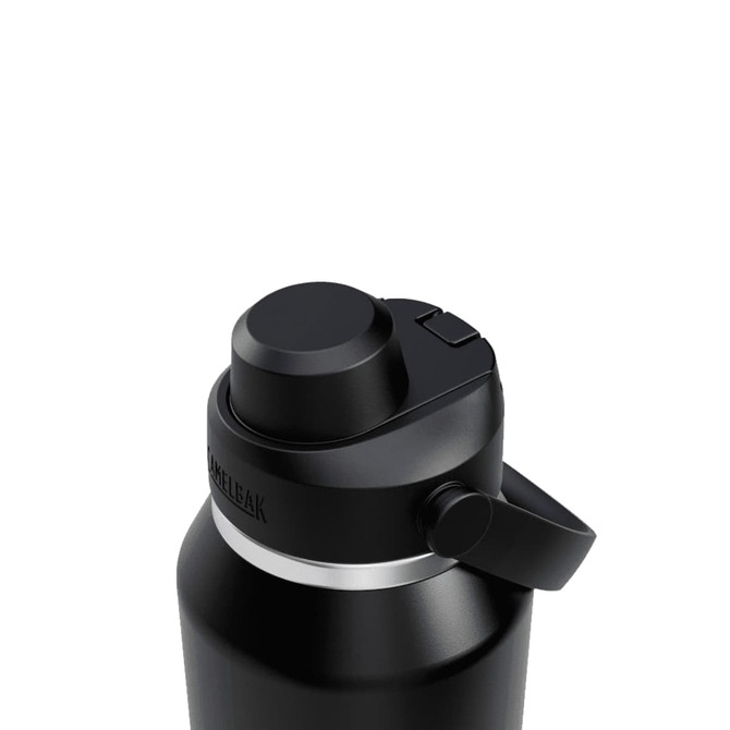 A drink bottle in black with a screw-on lid and a carrying handle, featuring a logo on the side.
