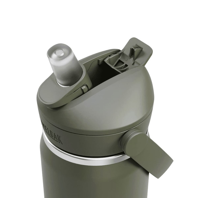 A drink bottle in an olive green shade featuring a flip straw and a built-in cap. It has a logo on the side.