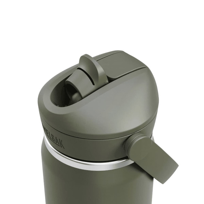 A drink bottle with a flip straw top, featuring an olive green body and a silver rim. It has a logo on the side.