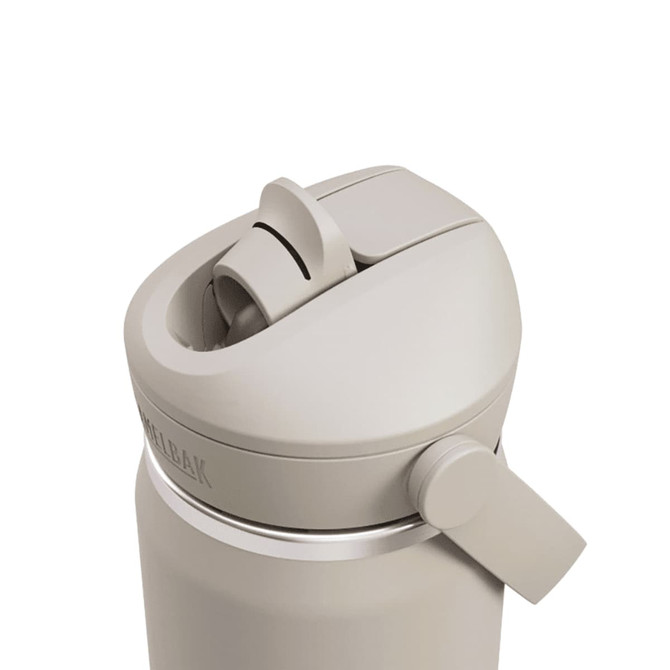 A drink bottle in a light beige colour featuring a flip straw and a side lever for easy opening, with branding visible.