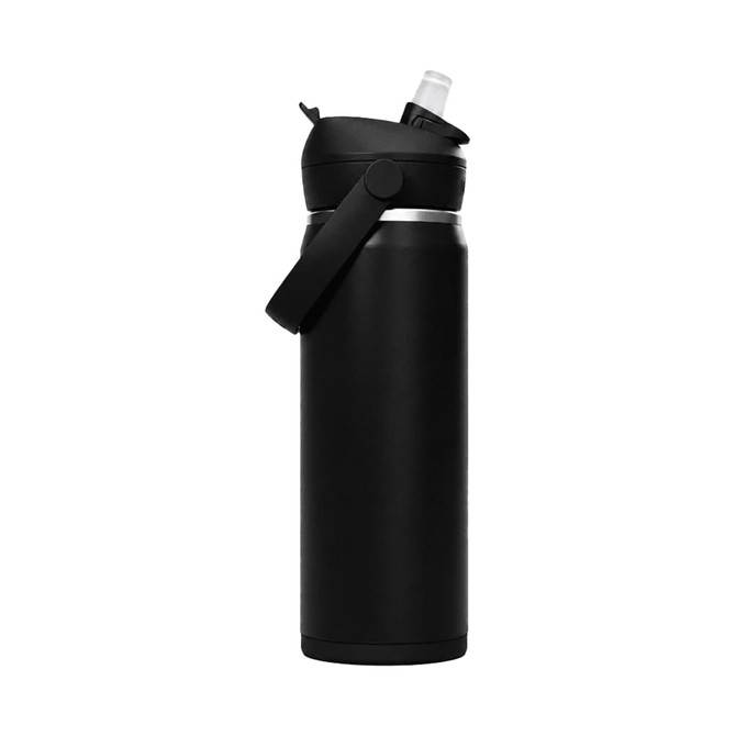 A drink bottle in matte black with a flip straw and a carrying strap, featuring a minimalist design.