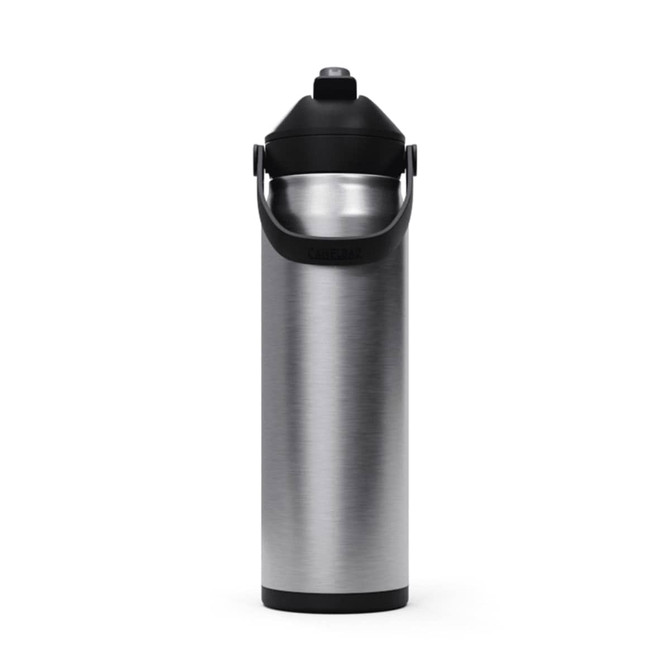 A drink bottle with a sleek stainless steel design and a black flip straw lid. It features a sturdy carrying handle.
