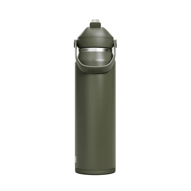 A drink bottle in olive green with a grey lid and a carry handle, featuring a logo.