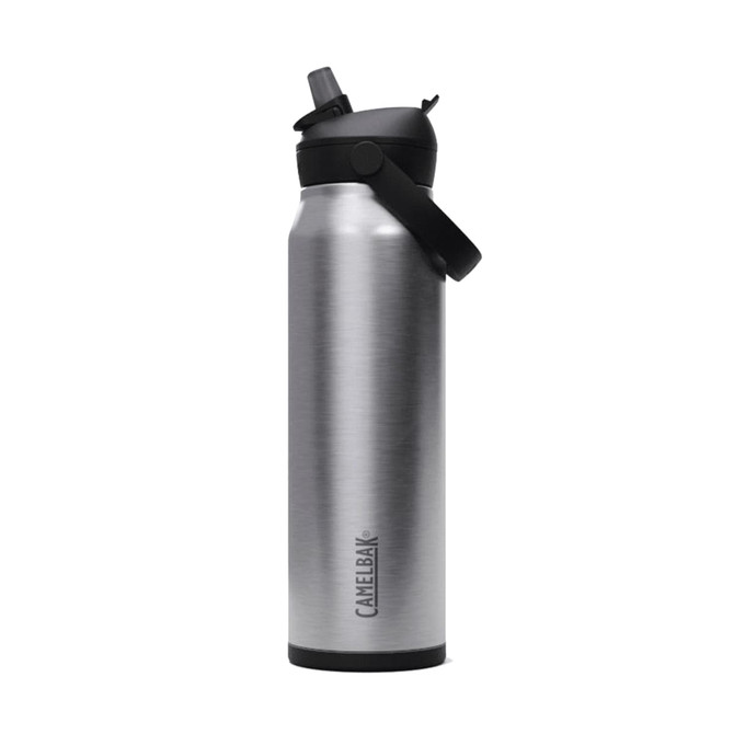 A drink bottle in silver with a black flip straw lid, featuring a handle and branding.