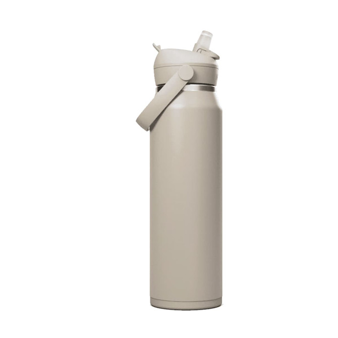A drink bottle in a neutral beige colour with a flip straw lid and a carrying handle. It features a logo.