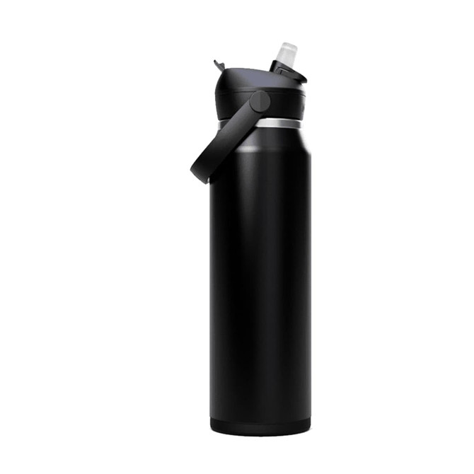 A drink bottle in matte black with a flip straw lid and attached handle, featuring a logo on the side.