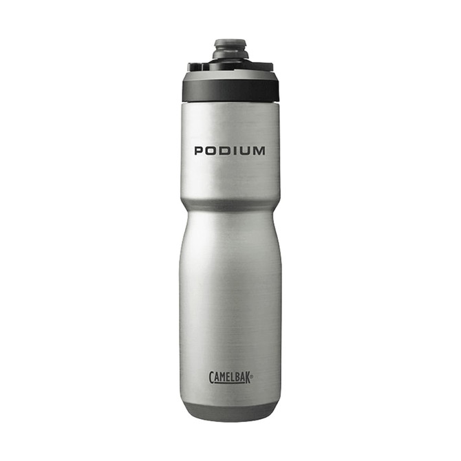 A drink bottle in silver stainless steel with a black and grey lid, featuring a logo on the body.