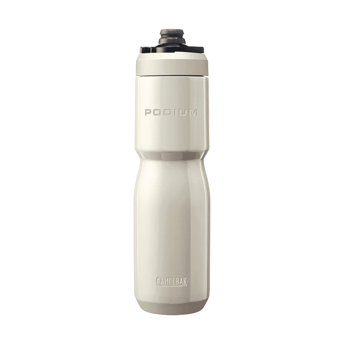 A drink bottle in a sleek, stainless steel design, featuring a white finish and a branded lid.