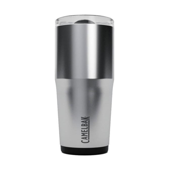 A drink bottle in silver and black, featuring a clear lid and a logo on the side.