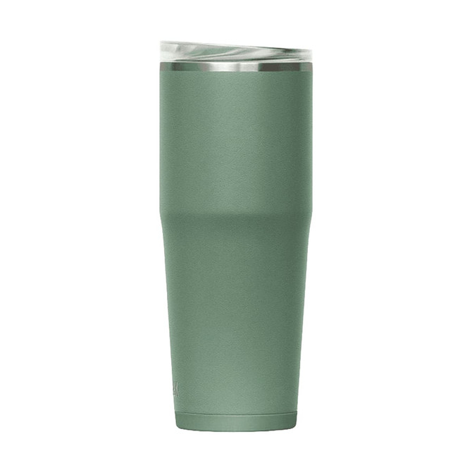 A drink bottle with a sleek design, featuring a matte green finish and a stainless steel top. It has a logo.