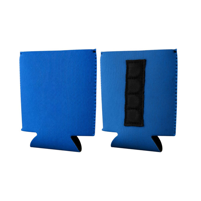 A blue magnetic stubby holder with a black patch on one side for attachment.