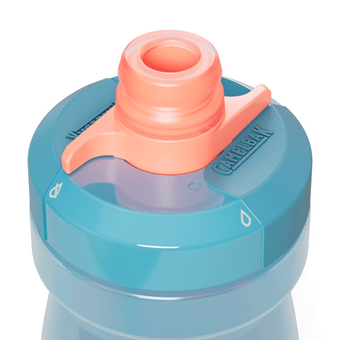 A drink bottle in teal with a pink cap and a spout, featuring a logo on the side.