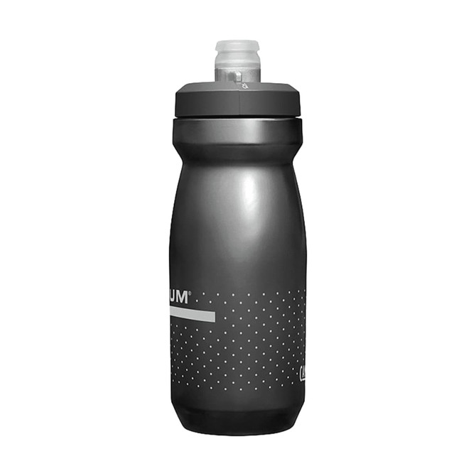 A drink bottle in matte black with a grey cap and dotted pattern, featuring a logo. Holds 0.6L of liquid.