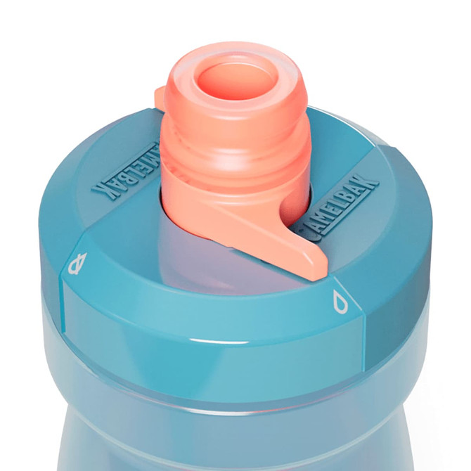 A drink bottle with a pink nozzle and a blue body, featuring a lid with a logo.