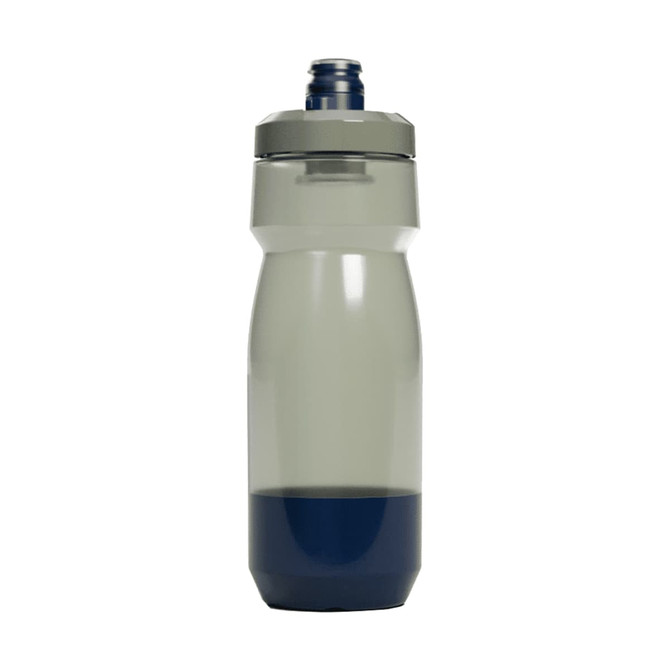 A drink bottle with a grey upper section and dark blue lower section, featuring a screw-on lid and a logo.