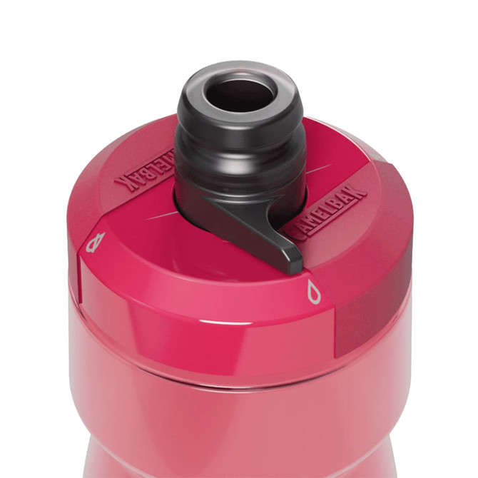 A drink bottle in vibrant pink with a black nozzle and a logo on the side.