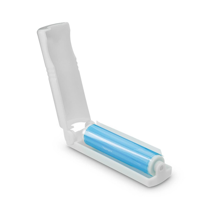 A mini lint roller with a transparent blue adhesive sheet housed in a white casing.