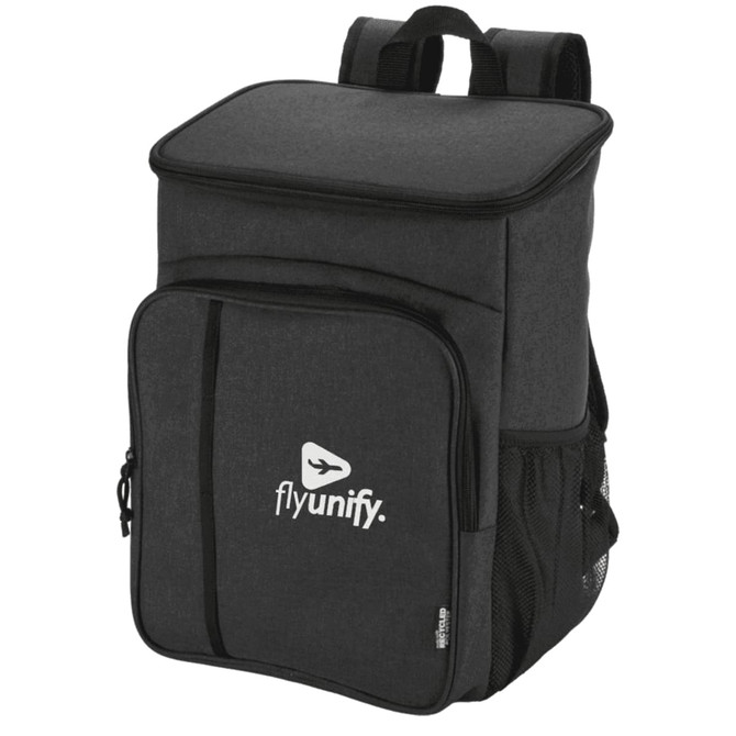 A charcoal cooler backpack featuring a front pocket and mesh side pockets. Includes a logo on the front.