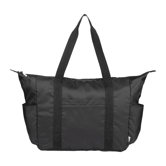A black packable travel duffel bag with sturdy handles and side pockets. It features a logo on the front.