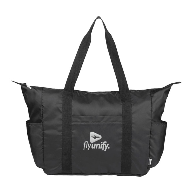 A packable travel duffel bag in black with a logo, featuring sturdy handles and a zip closure.