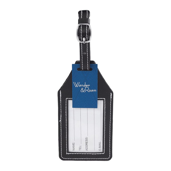 A black luggage tag featuring a holder for an AirTag, with a blue tag for personal details.
