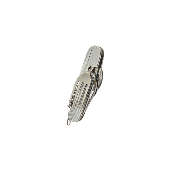 A multi-function camping flatware utensil in silver, combining a fork, knife, spoon, and other tools. It has a logo.