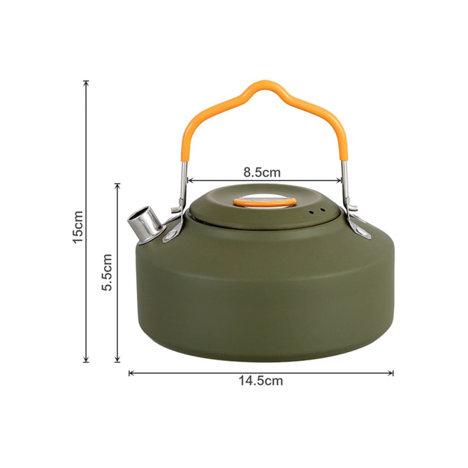 A green camping kettle with a lid and an orange handle, featuring a spout and measurement details.