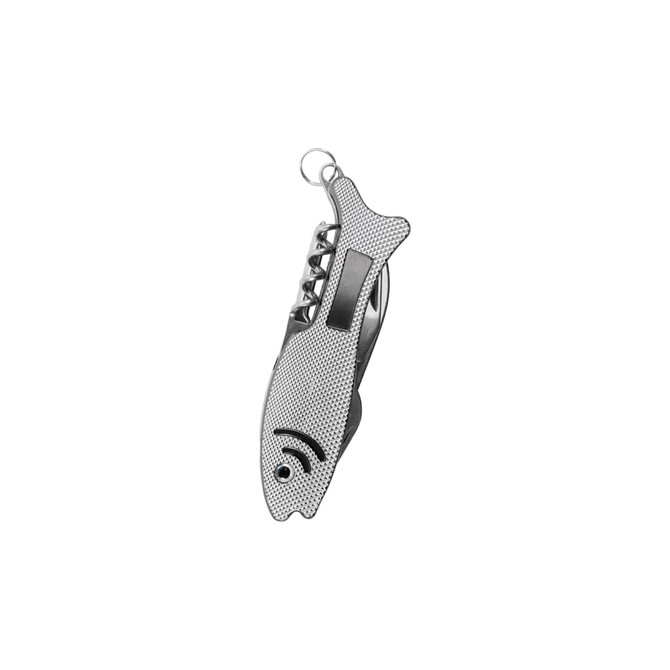 A silver multitool shaped like a fish, featuring various tools and a keyring attachment.