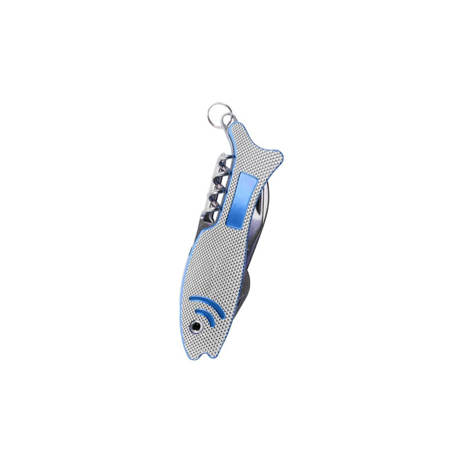 A silver and blue multitool shaped like a fish, featuring various tools and a keyring attachment.
