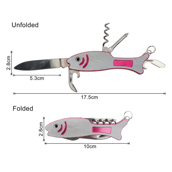 A multitool keyring shaped like a fish, featuring a knife, corkscrew, and bottle opener in silver and pink.
