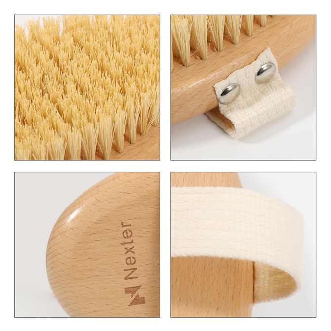 A sisal wooden brush with a natural bristle head and a cream-coloured fabric strap, featuring a wooden handle and branding.