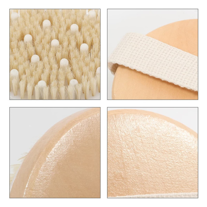 An exfoliating brush with soft massage nodules, featuring a beige handle and a textured bristle surface.