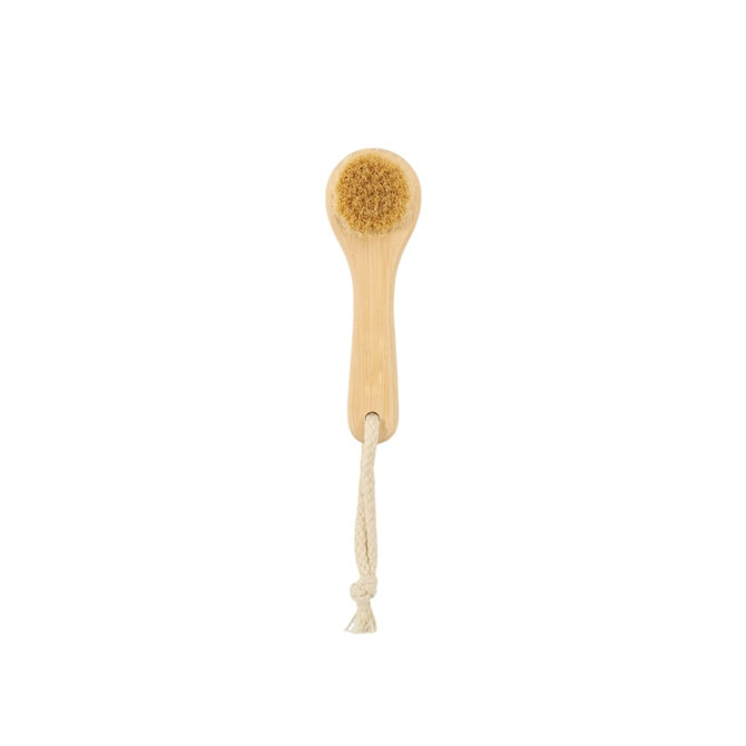 A natural wooden face brush with a bamboo handle and soft bristles, featuring a rope for hanging.