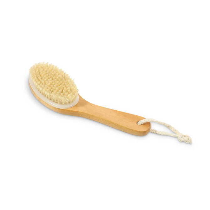 A dry brushing body brush with a wooden handle and natural bristles, featuring a rope loop for easy hanging.