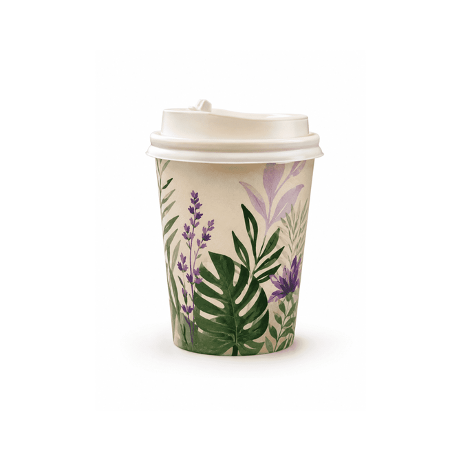 A single walled paper cup with a floral design in green and purple, featuring a white lid.