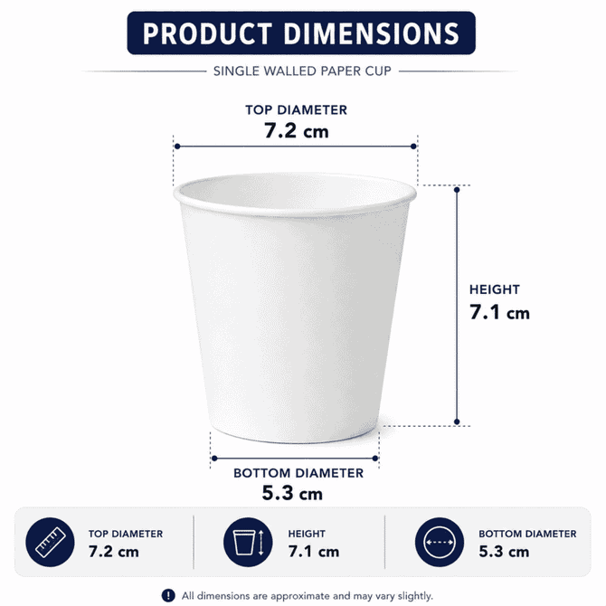 A single walled white paper cup with dimensions of 200ml, featuring a logo.
