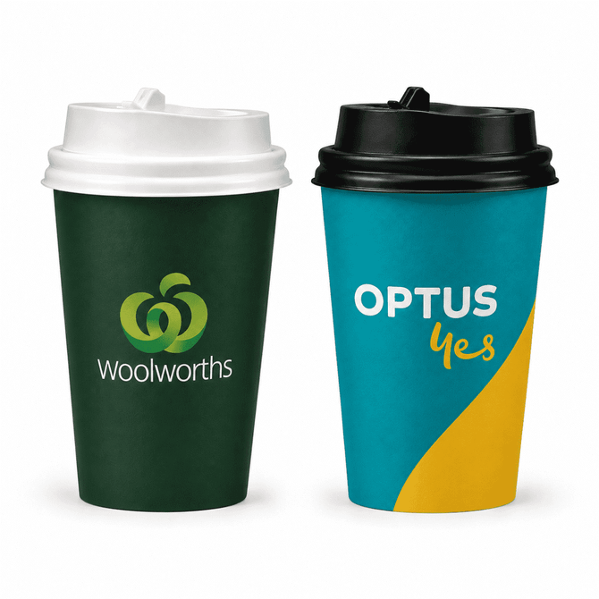 A set of two single walled paper cups, one green with a logo and one teal with yellow accents and a logo.