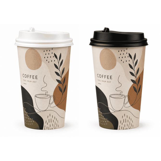 Two single-walled paper cups, one white lid and one black lid, with a decorative design in earthy tones.
