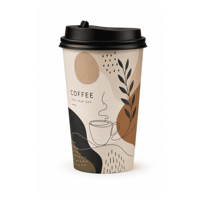 A single walled paper cup featuring a stylish design in neutral tones with a black lid.
