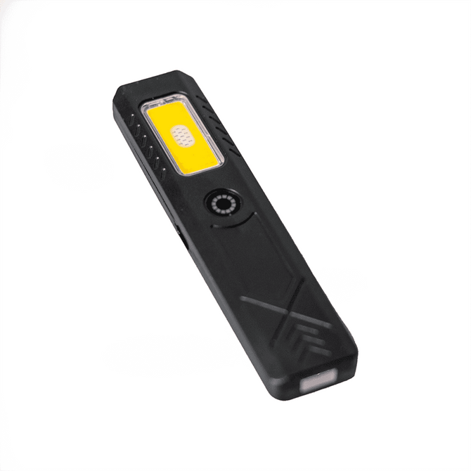 A rechargeable work light in black with a bright yellow LED panel and a circular switch.