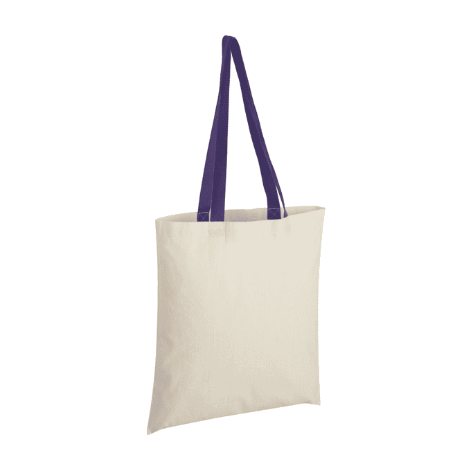 A beige cotton tote bag with purple coloured handles and a logo on one side.