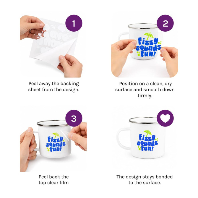 A set of Colour Fusion Sheets with a colourful design, featuring a logo and hands demonstrating application on a mug.