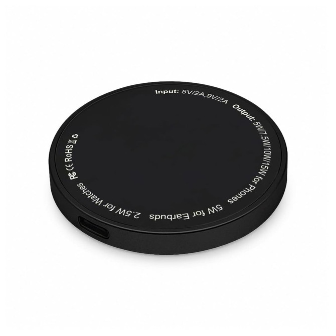 A black wireless charger with a circular design and a USB-C port, featuring a subtle logo.