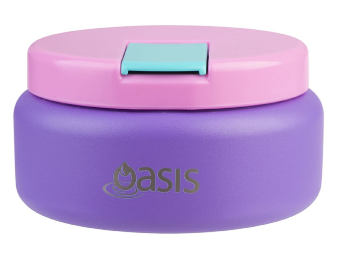 A food flask in purple with a pink lid and blue clasp, featuring a logo.