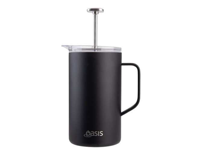 A drink bottle with a matte black finish, a transparent lid, and a metal plunger, featuring a logo on the base.