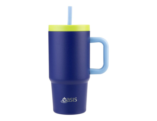 A drink bottle in navy blue with a light blue handle and a green lid, featuring a straw and a logo.