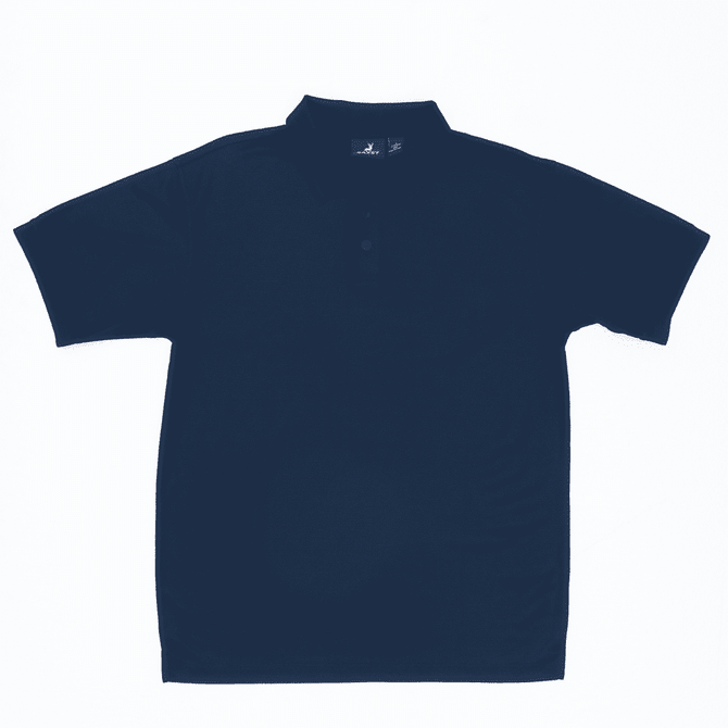 A navy blue polo shirt with a collar and buttoned placket, featuring a logo on the chest area.