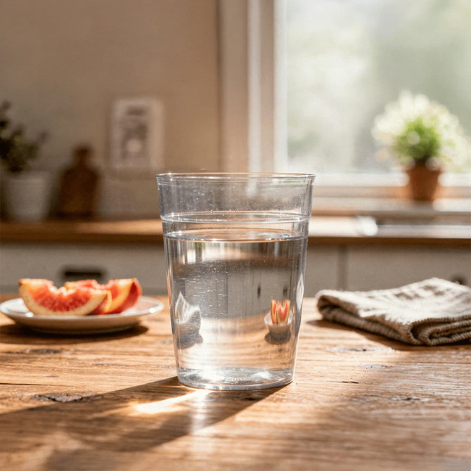 A clear glass filled with water, placed on a wooden table beside a plate of sliced fruit and a towel.