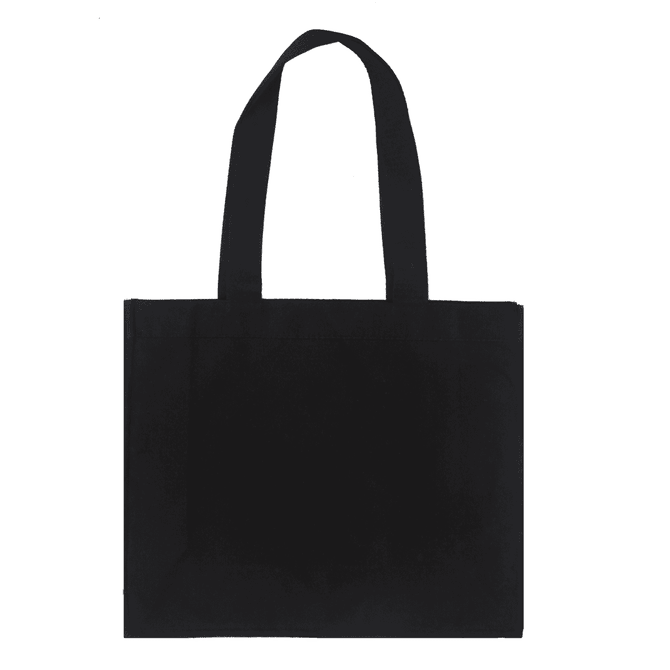 A black canvas bag with two long handles and an empty design, featuring a logo or branding.
